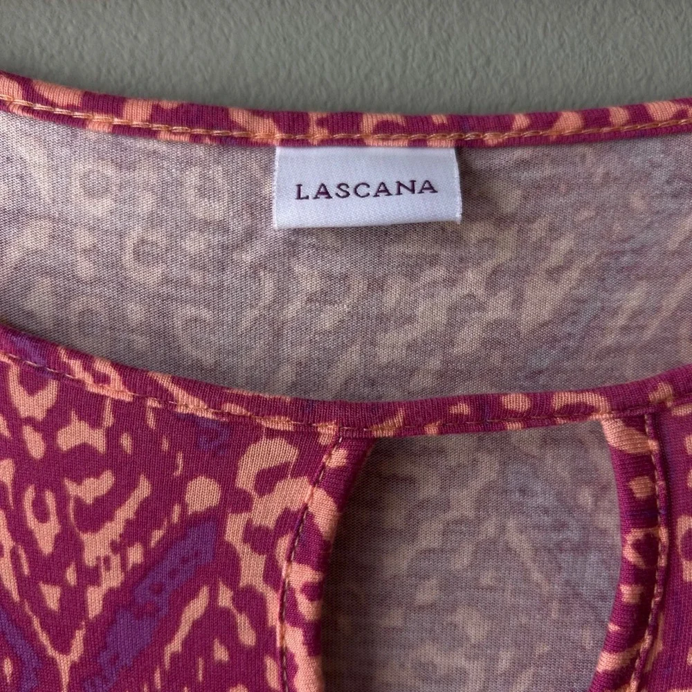 LASCANA Pink Orange Ikat Print Beach Cover Up‎ Dress Tunic Keyhole Tie Waist